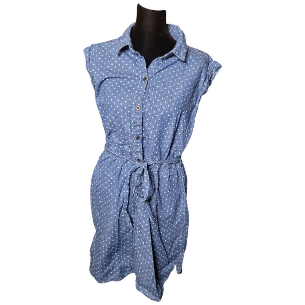 Forever 21 Blue Polka Dot Button Front Mini Dress with Waist Tie Size L